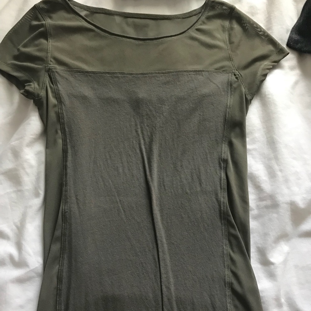Express Olive Green T-shirt with sheer accent.